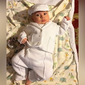 Three piece boys christening suit with newsboy cap
